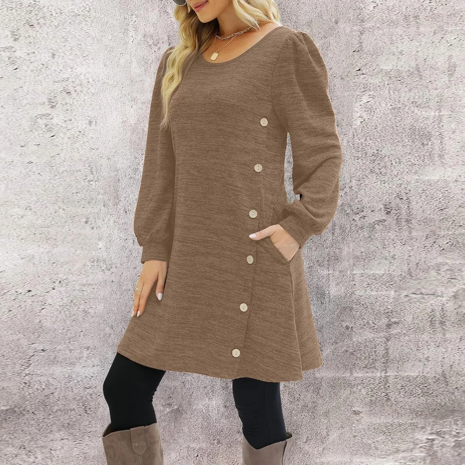 Women's Fall Winter Casual Trendy Loose Long Sleeve Crew Neck Button Solid Snowflake Print Christmas Dress, S-3XL