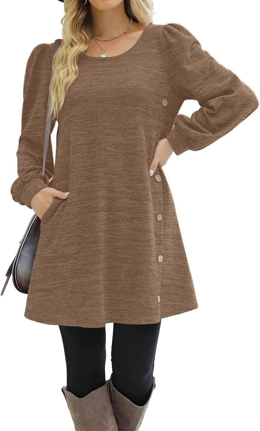 Women's Fall Winter Casual Trendy Loose Long Sleeve Crew Neck Button Solid Snowflake Print Christmas Dress, S-3XL