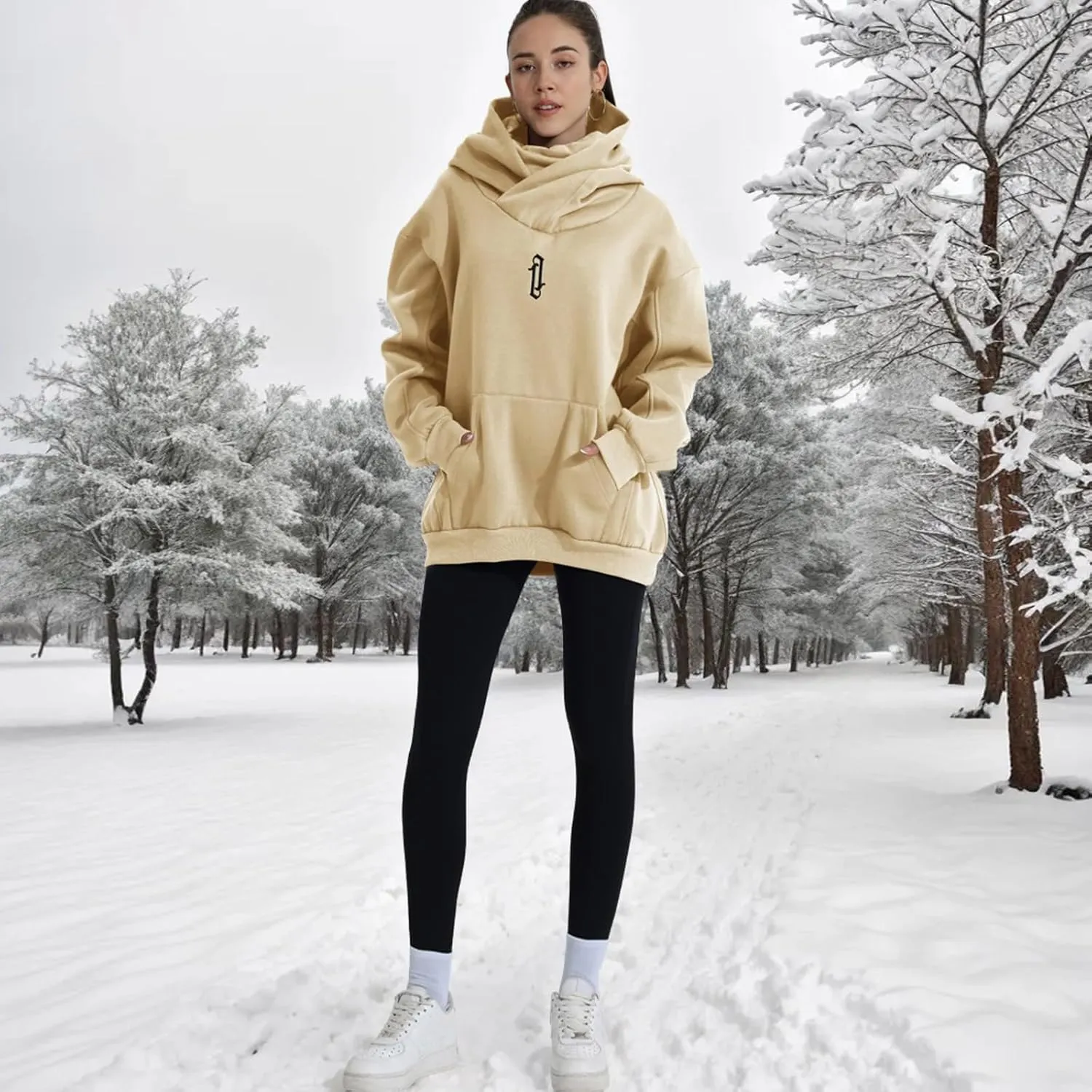 Womens Fleece Hoodie with Scarf Soft Cotton Oversized Pullover Casual Hooded Sweatshirts Fall Winter Clothes