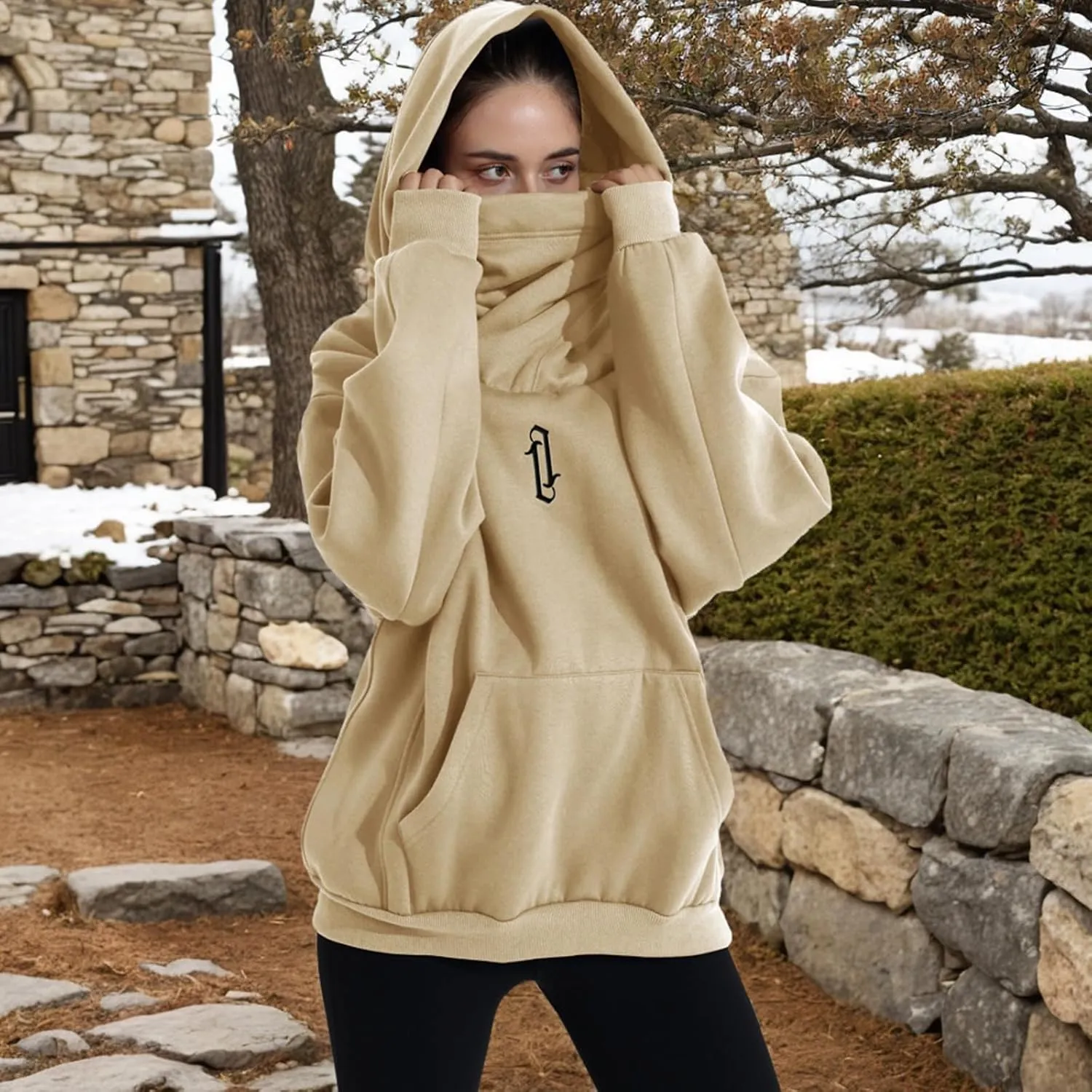 Womens Fleece Hoodie with Scarf Soft Cotton Oversized Pullover Casual Hooded Sweatshirts Fall Winter Clothes