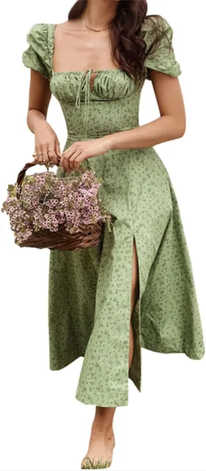 Women's Floral Dresses Summer Casual Square Neck Puff Sleeve Midi Dresses Ruched High Waist Split Long Beach Dress