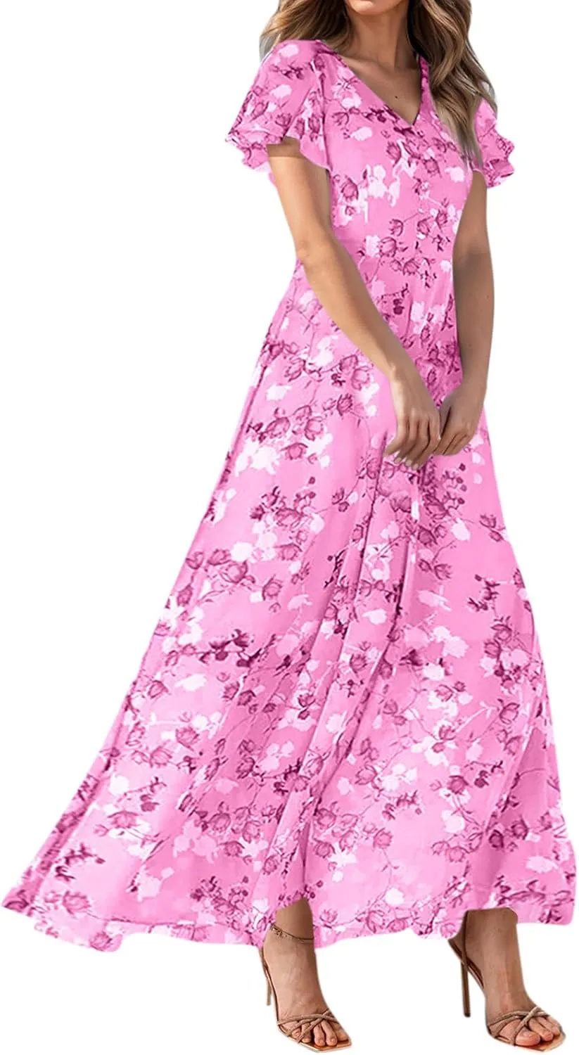 Women's Floral Print V Neck Ruffle Cap Sleeve Ruffle Hem Flowy Dress Boho High Waist Dresses for Women 2025