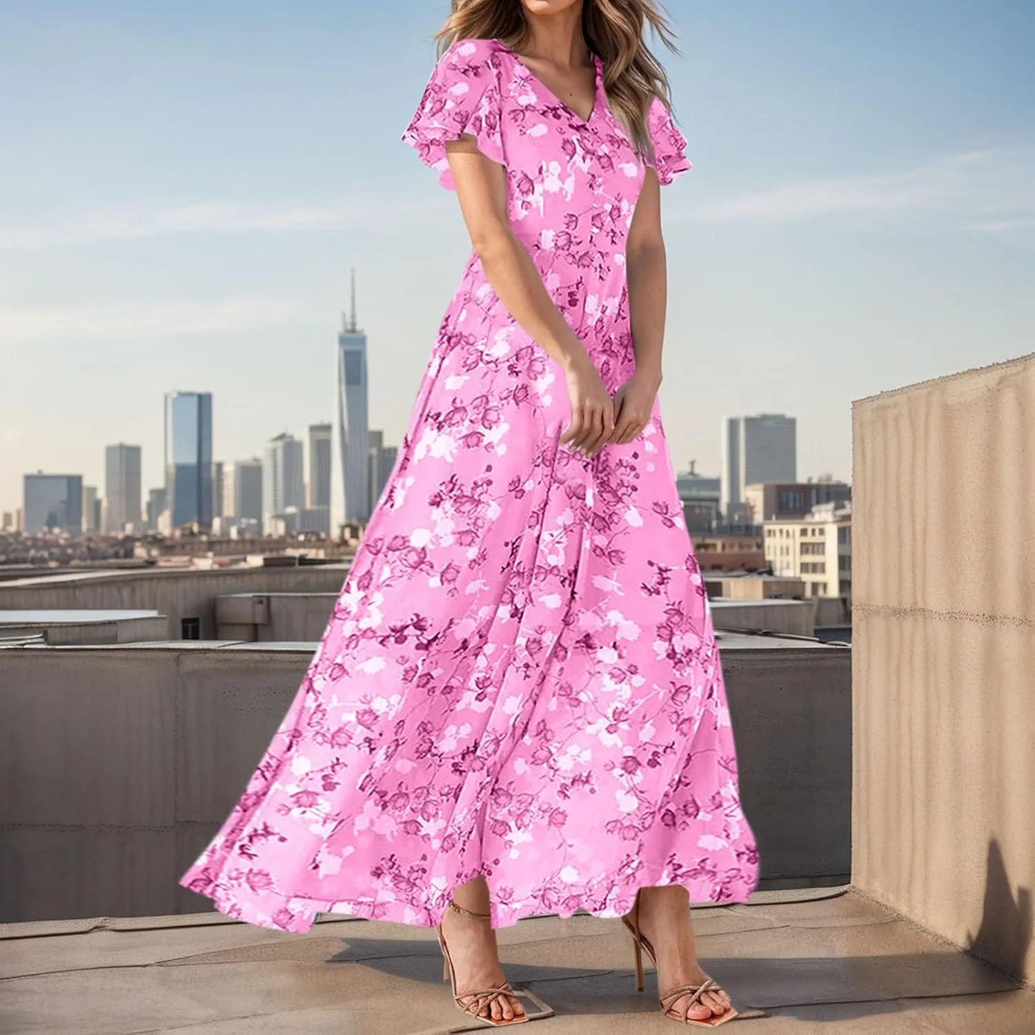 Women's Floral Print V Neck Ruffle Cap Sleeve Ruffle Hem Flowy Dress Boho High Waist Dresses for Women 2025