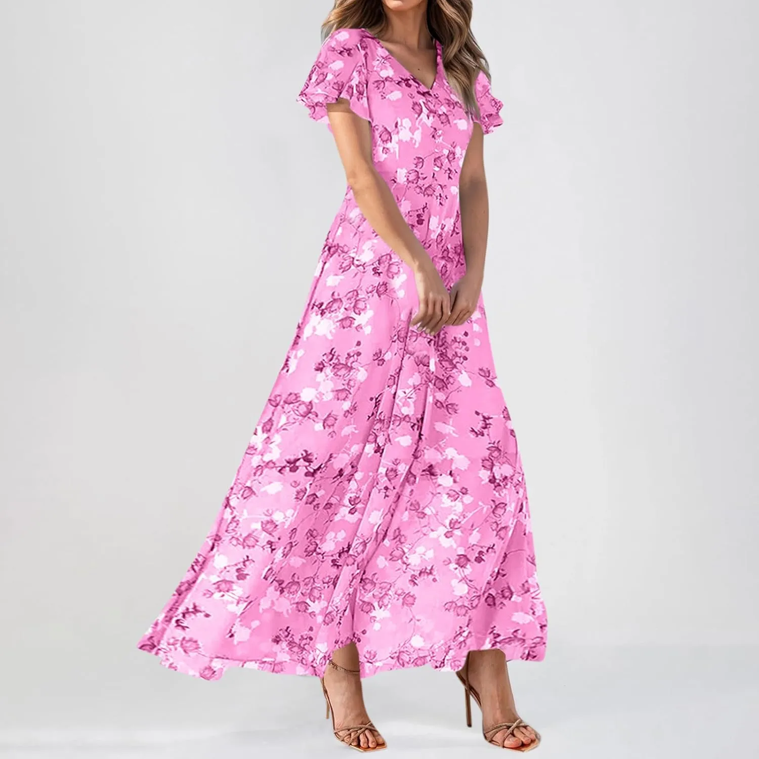 Women's Floral Print V Neck Ruffle Cap Sleeve Ruffle Hem Flowy Dress Boho High Waist Dresses for Women 2025