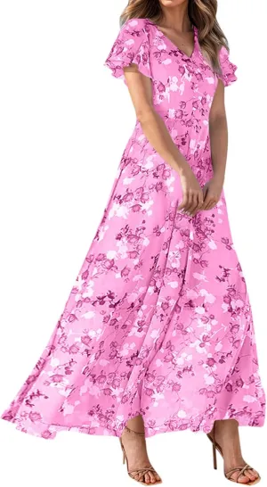 Women's Floral Print V Neck Ruffle Cap Sleeve Ruffle Hem Flowy Dress Boho High Waist Dresses for Women 2025