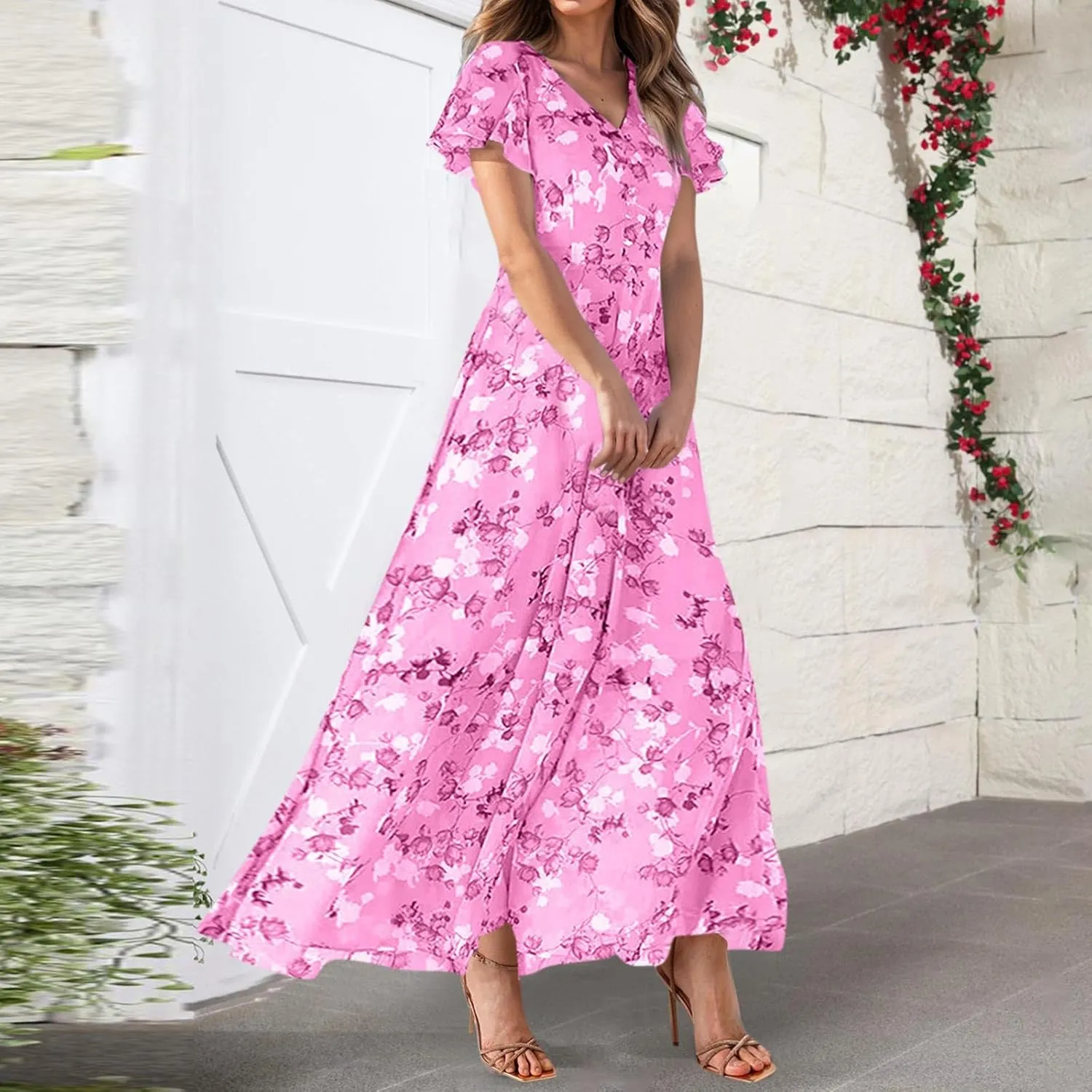 Women's Floral Print V Neck Ruffle Cap Sleeve Ruffle Hem Flowy Dress Boho High Waist Dresses for Women 2025