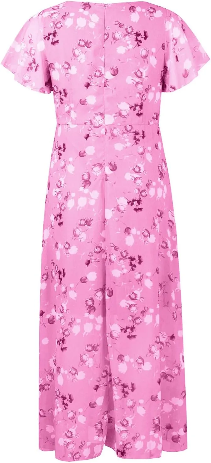 Women's Floral Print V Neck Ruffle Cap Sleeve Ruffle Hem Flowy Dress Boho High Waist Dresses for Women 2025
