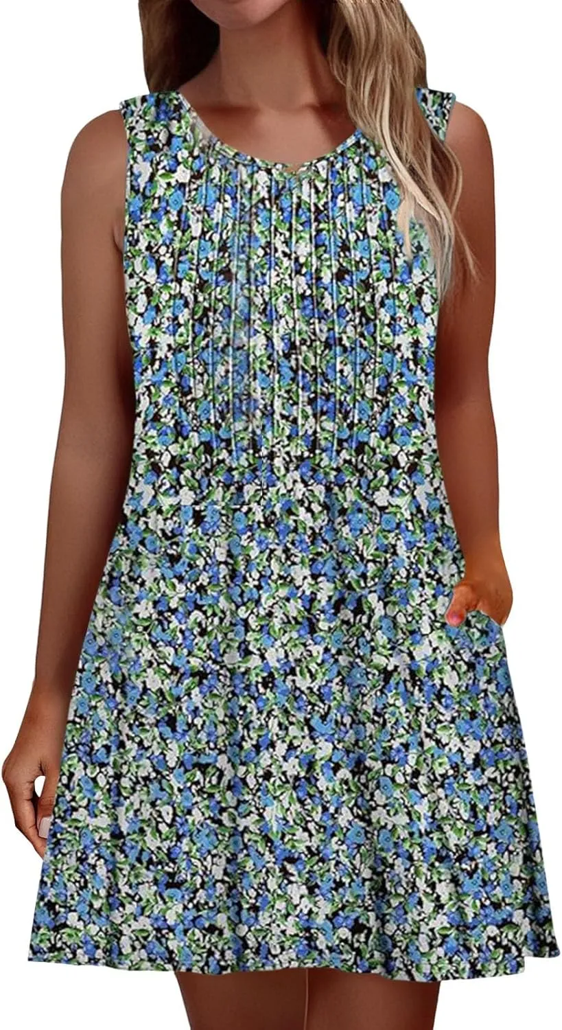 Women's Floral Summer Mini Dresses Ruffle Straps Boho A-Line Babydoll Tank Sundress Beach Vacation Short Dresses