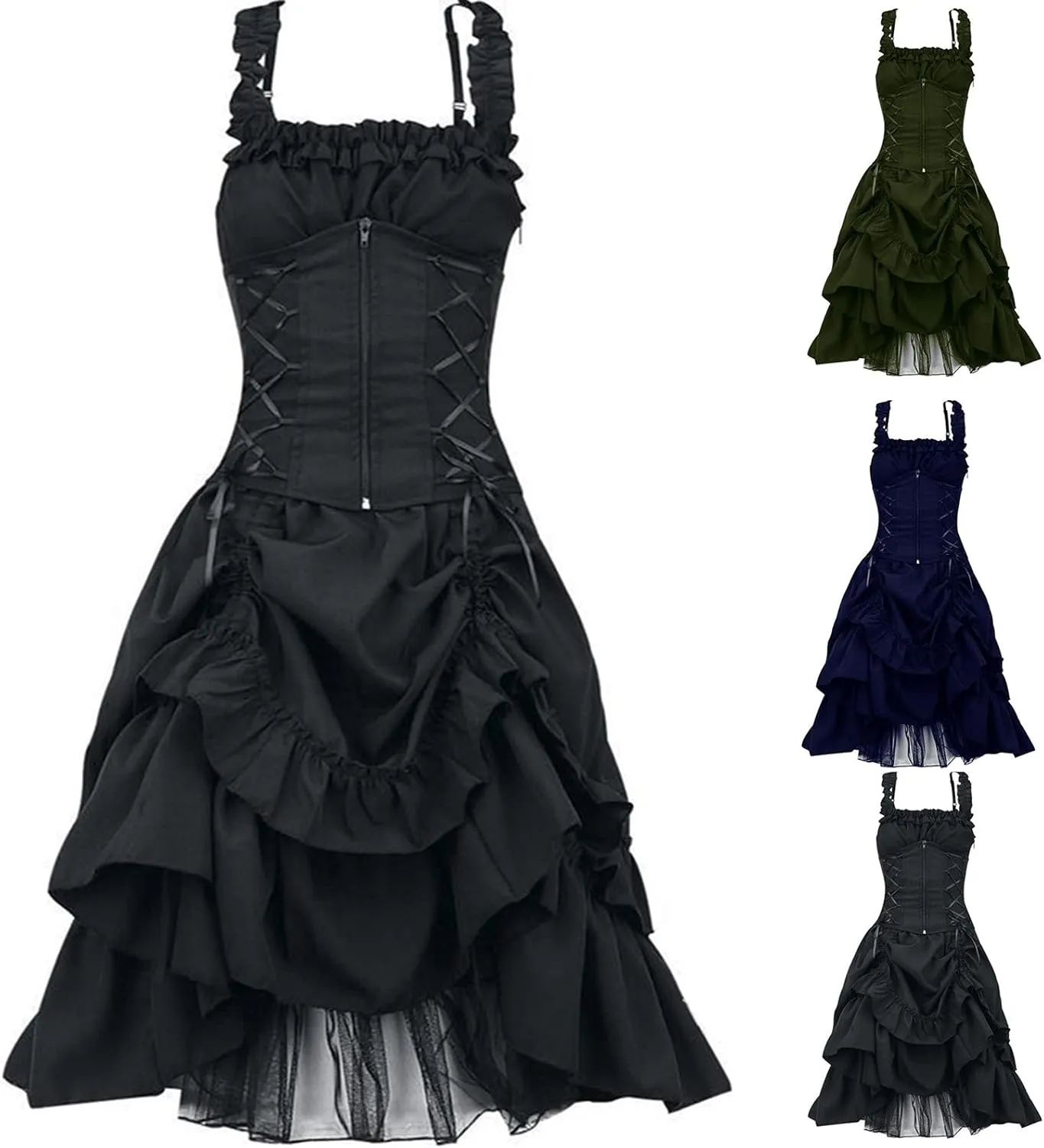 Women's Gothic Dress Square Neck Sleeveless Ruffle Steampunk Costume Victorian Outfit Halloween Masquerade Dresses