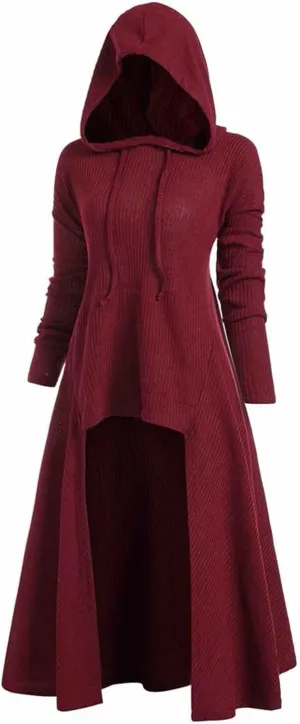 Women's Gothic Top Plus Size Knitted Halloween Vampires Witch Cloak Long Sleeve Sweatshirts Hoodies High Low Hem Dress