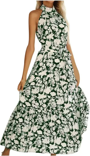 Women's Halter Neck Maxi Beach Dress Summer Boho Floral Sleeveless Lace-Up A-Line Dresses Flowy High Waist Sundress