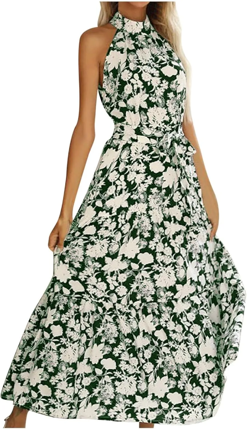 Women's Halter Neck Maxi Beach Dress Summer Boho Floral Sleeveless Lace-Up A-Line Dresses Flowy High Waist Sundress