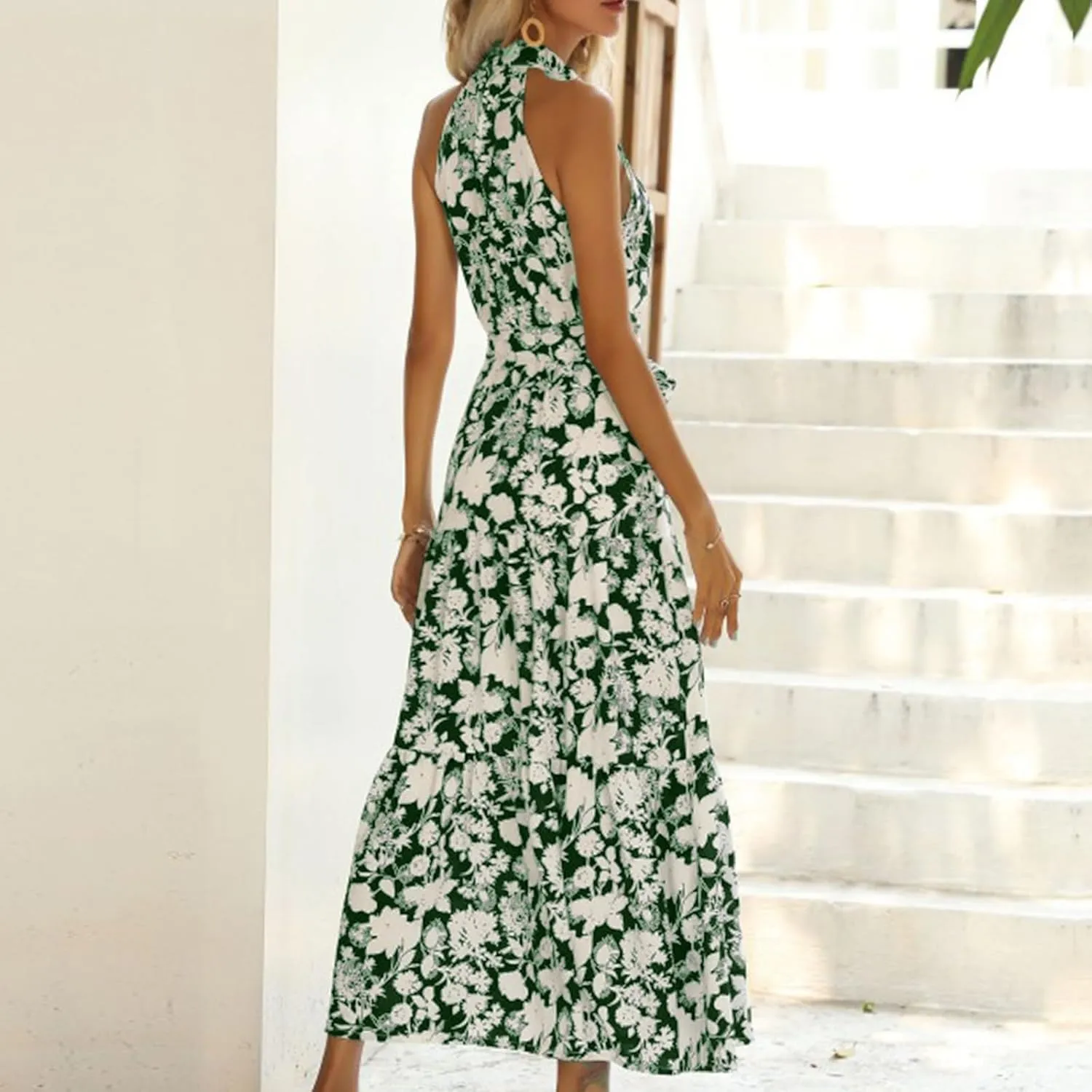 Women's Halter Neck Maxi Beach Dress Summer Boho Floral Sleeveless Lace-Up A-Line Dresses Flowy High Waist Sundress