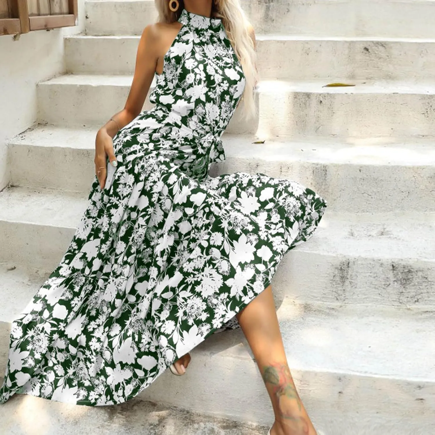 Women's Halter Neck Maxi Beach Dress Summer Boho Floral Sleeveless Lace-Up A-Line Dresses Flowy High Waist Sundress