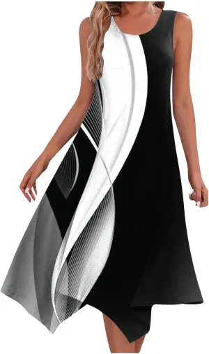 Women's Hankerchief Hem Maxi Tank Dresses Summer Sleeveless Crew Neck Sundress Casual Ruffle A-Line Boho Dress Beach Dress Black 2X