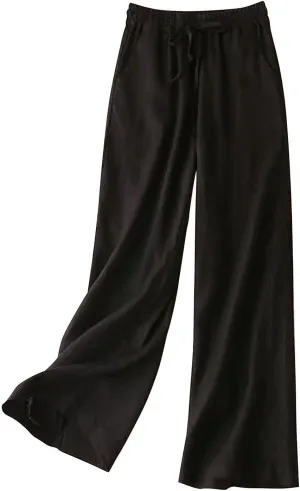 Women's High Waist Linen Wide Leg Pants - Lightweight Solid Color Loose Fit Trousers, Slimming Summer Palazzo Pants