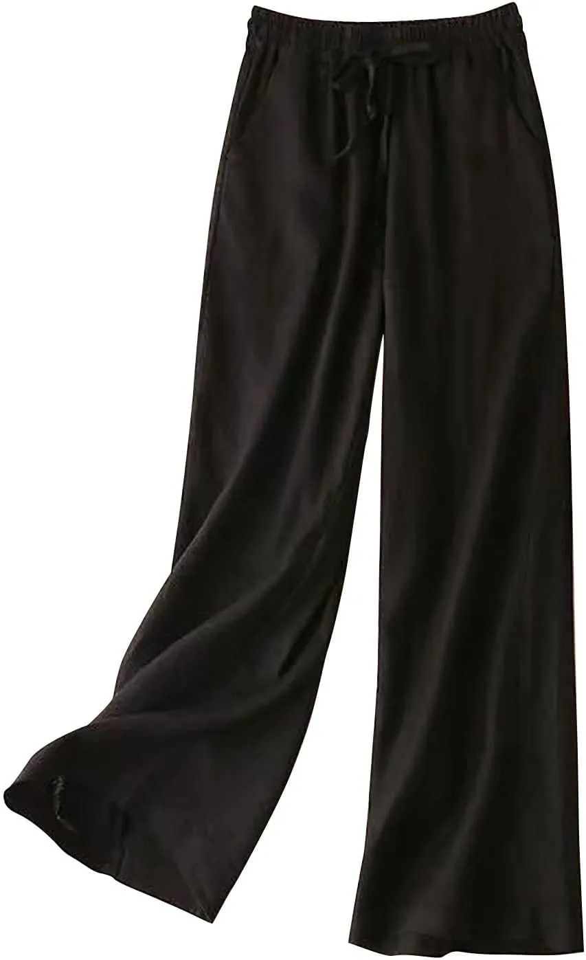 Women's High Waist Linen Wide Leg Pants - Lightweight Solid Color Loose Fit Trousers, Slimming Summer Palazzo Pants