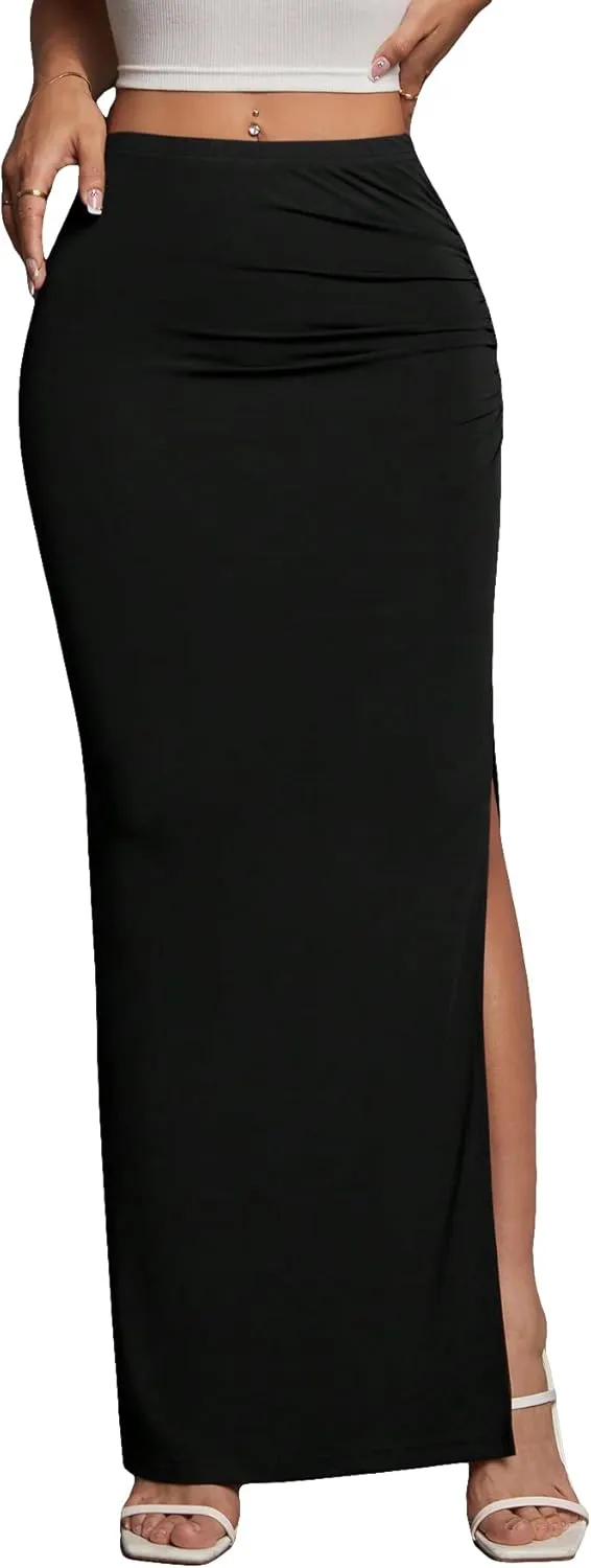 Women's High Waist Maxi Skirt Ruched Side Split Thigh Elegant Bodycon Long Skirts