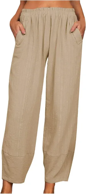 Women's High Waist Pants Drawstring Cargo Capri Pants Pockets Drawstring Causal Palazzo Pants Trousers with Pockets