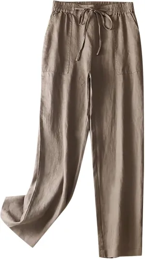 Womens High Waist Wide Leg Trouser Fit Loose Work Office Long Pants Drawstring High Waist Pants with Pockets (Khaki, XXXL)