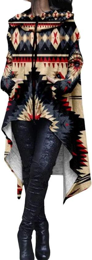 Womens Hoodies Cloak Oversized Aztec Fall High Low Pullover Robe Poncho Shirt Dress Hooded Sweatshirt with Pocket