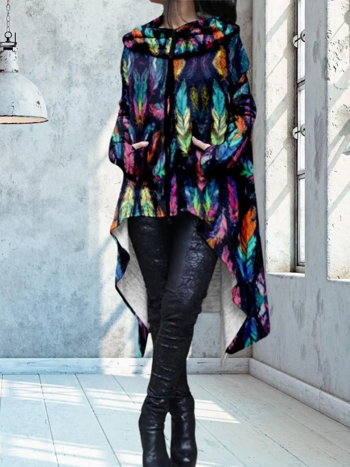 Womens Hoodies Cloak Oversized Aztec Fall High Low Pullover Robe Poncho Shirt Dress Hooded Sweatshirt with Pocket