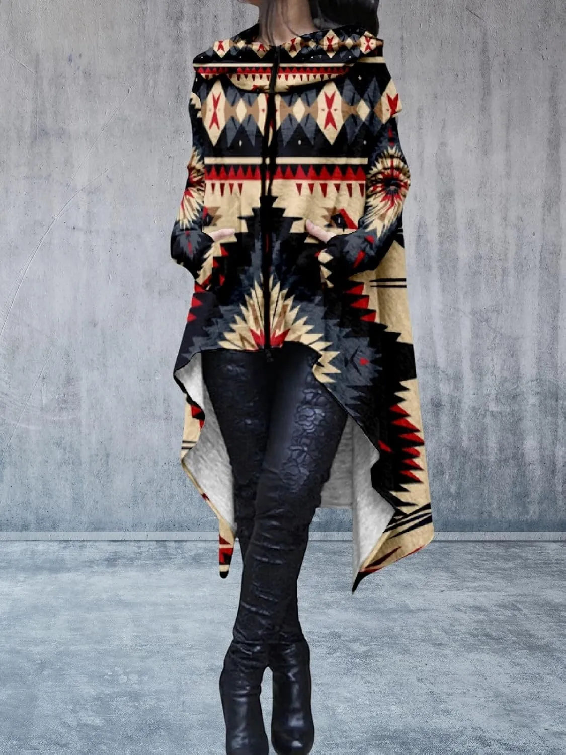Womens Hoodies Cloak Oversized Aztec Fall High Low Pullover Robe Poncho Shirt Dress Hooded Sweatshirt with Pocket