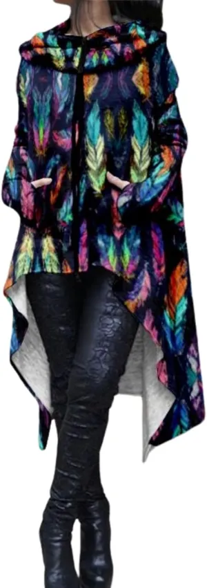 Womens Hoodies Cloak Oversized Aztec Fall High Low Pullover Robe Poncho Shirt Dress Hooded Sweatshirt with Pocket
