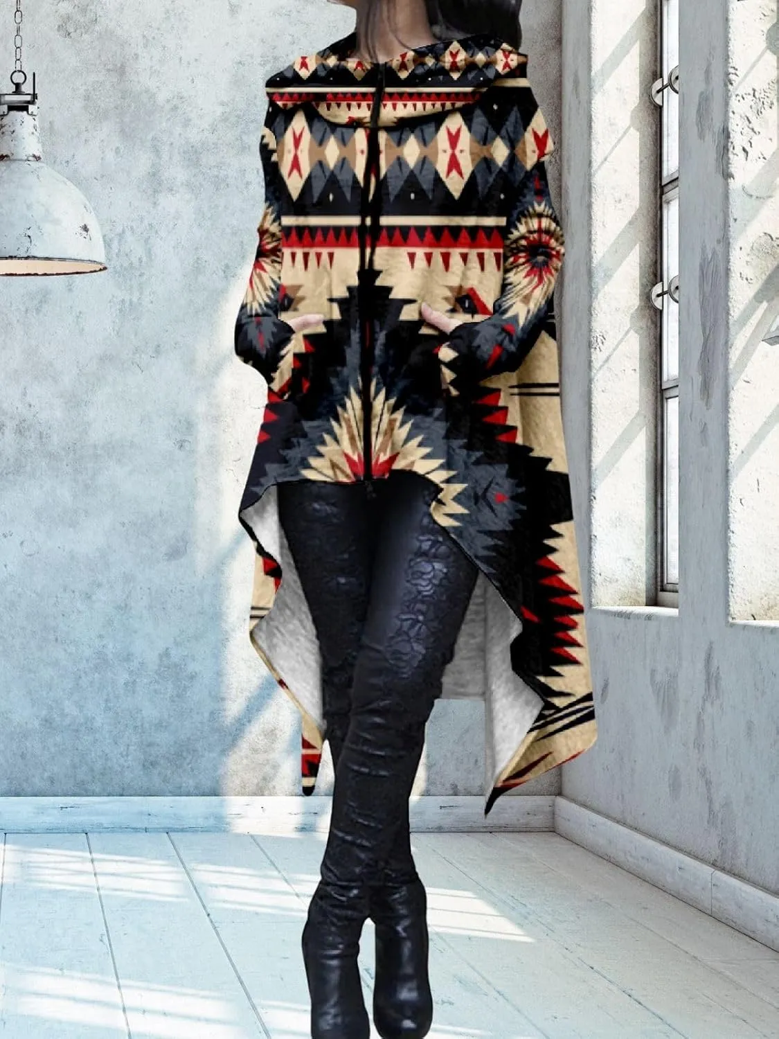 Womens Hoodies Cloak Oversized Aztec Fall High Low Pullover Robe Poncho Shirt Dress Hooded Sweatshirt with Pocket