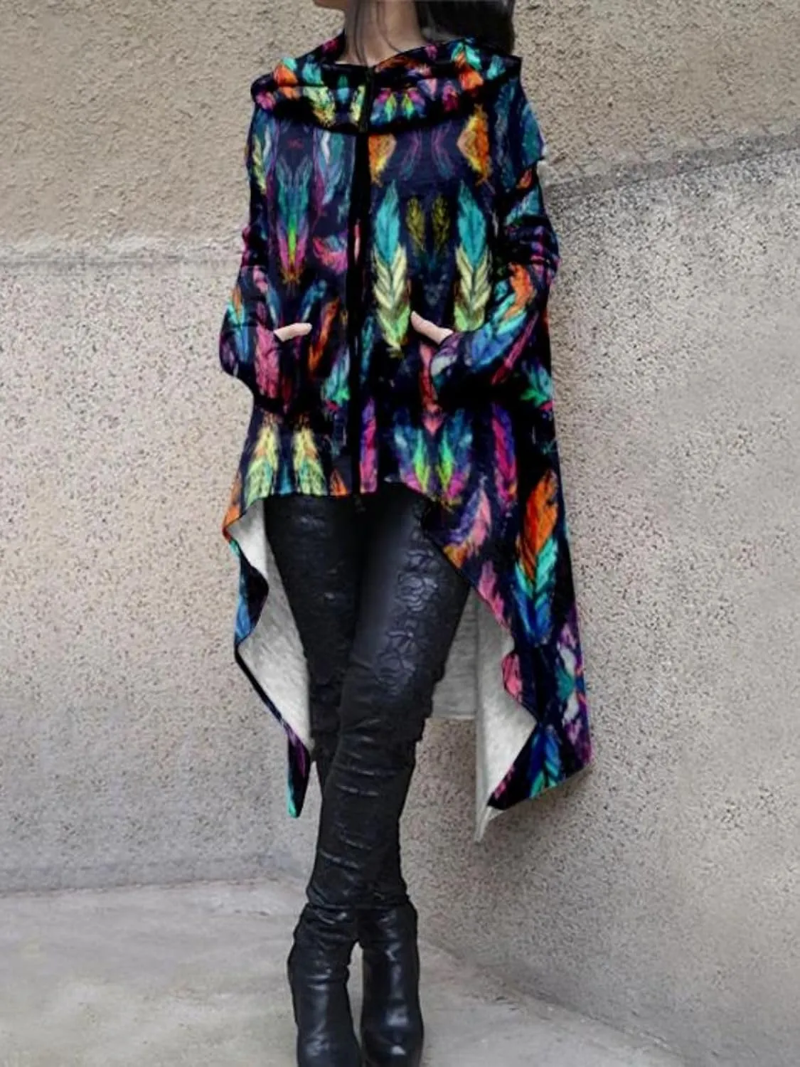 Womens Hoodies Cloak Oversized Aztec Fall High Low Pullover Robe Poncho Shirt Dress Hooded Sweatshirt with Pocket
