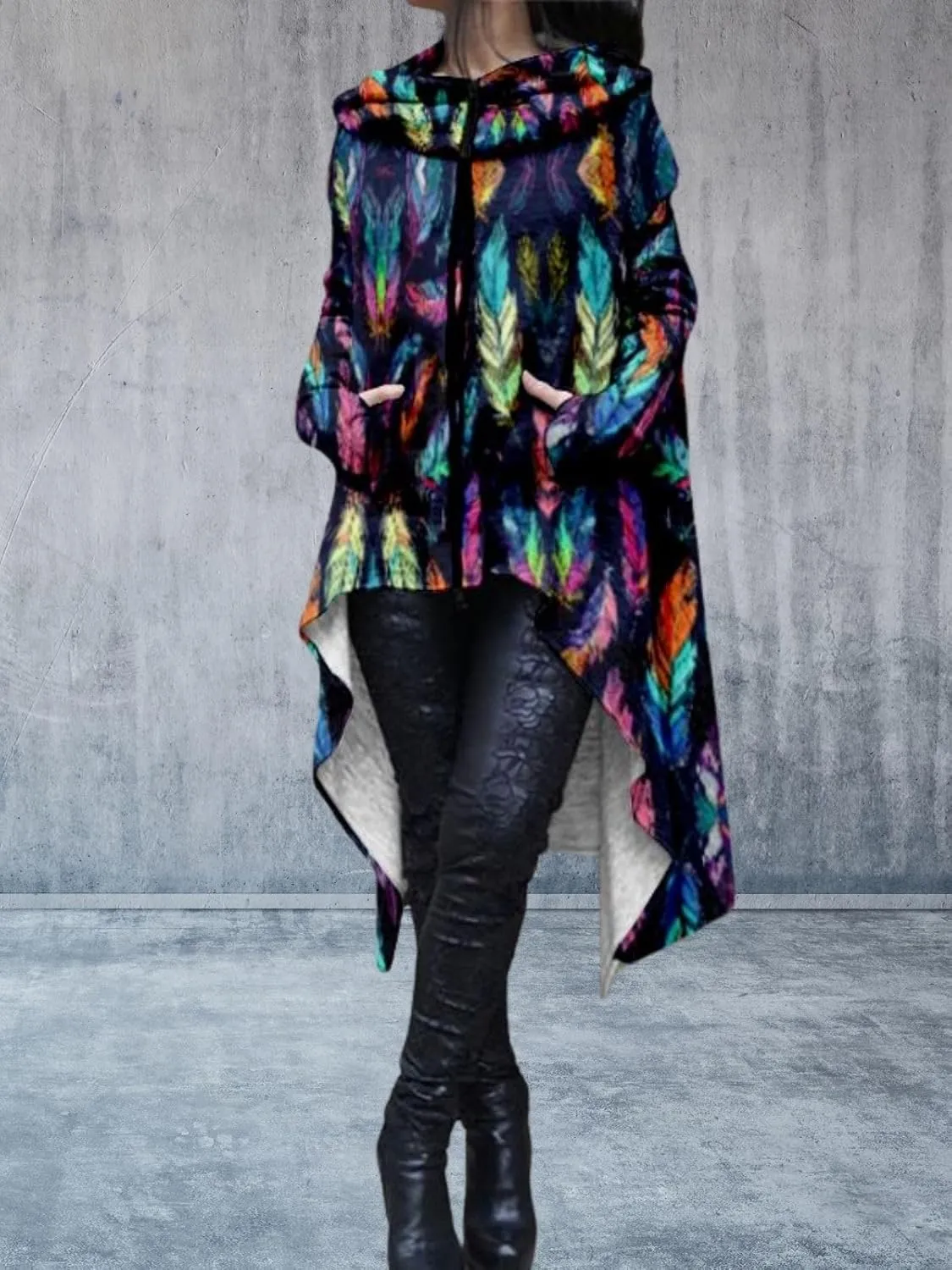 Womens Hoodies Cloak Oversized Aztec Fall High Low Pullover Robe Poncho Shirt Dress Hooded Sweatshirt with Pocket