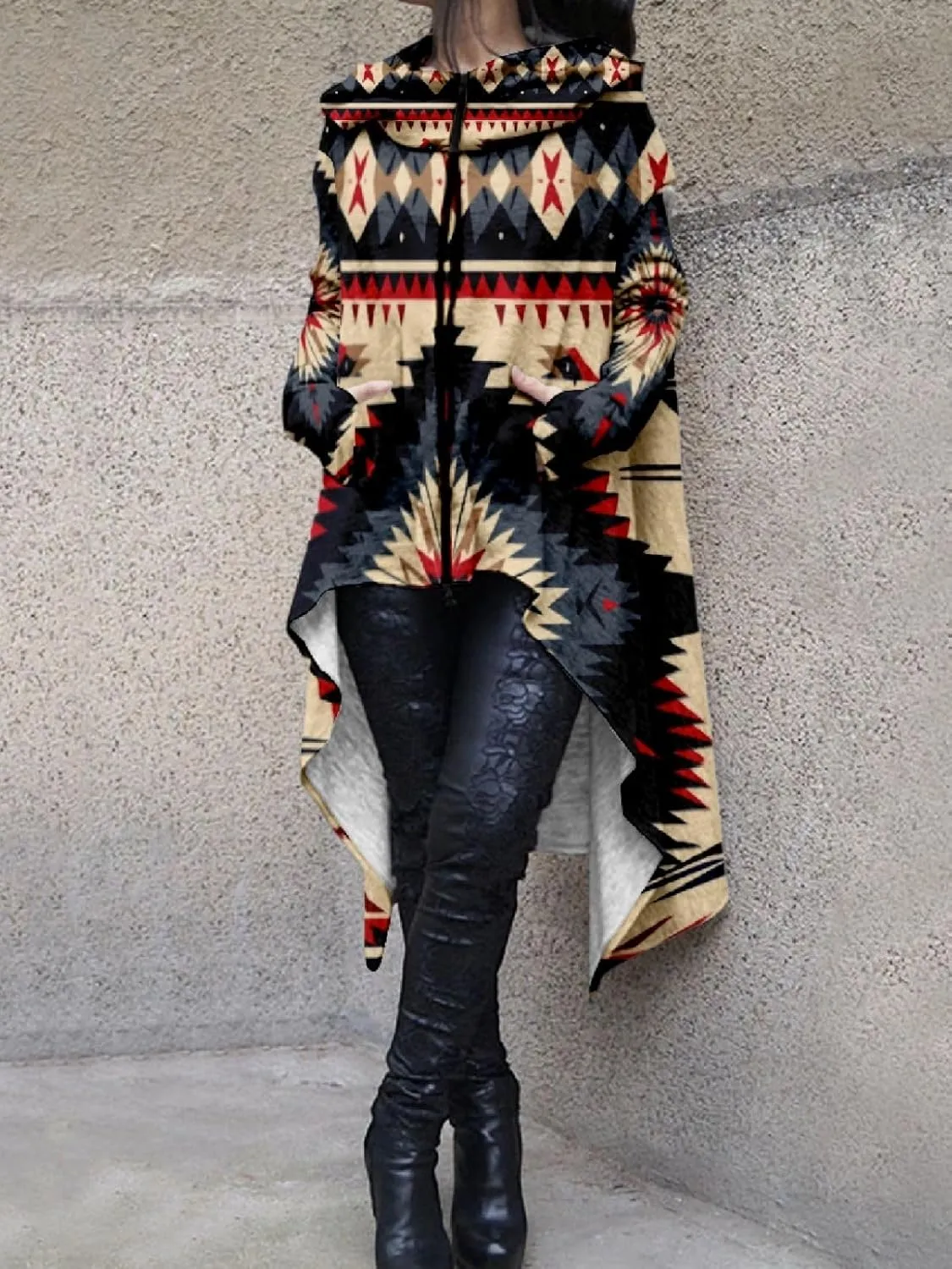 Womens Hoodies Cloak Oversized Aztec Fall High Low Pullover Robe Poncho Shirt Dress Hooded Sweatshirt with Pocket