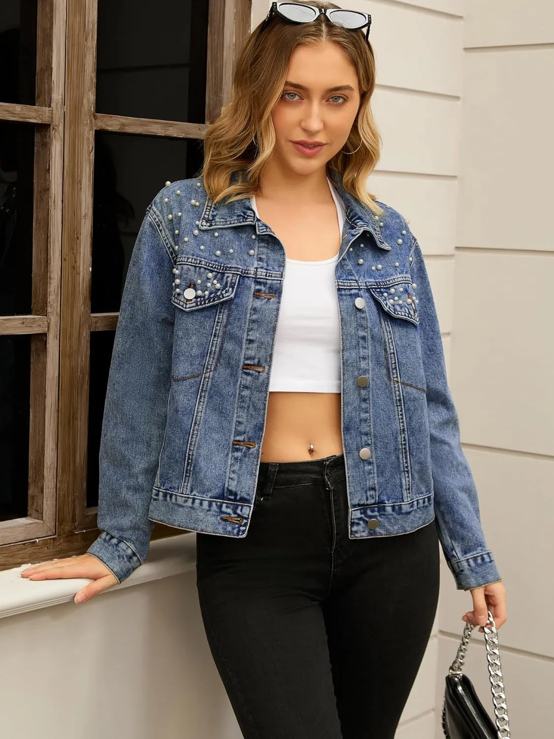 Women's Jean Jacket Trendy Spring Long Sleeve Button Up Pearl Denim Jackets