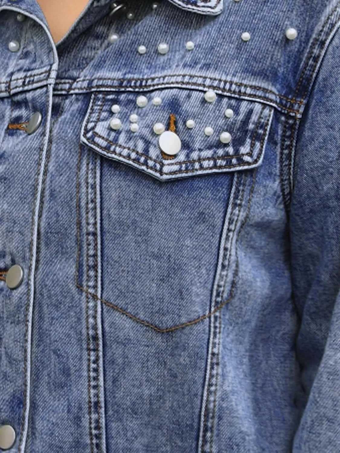 Women's Jean Jacket Trendy Spring Long Sleeve Button Up Pearl Denim Jackets
