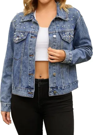 Women's Jean Jacket Trendy Spring Long Sleeve Button Up Pearl Denim Jackets