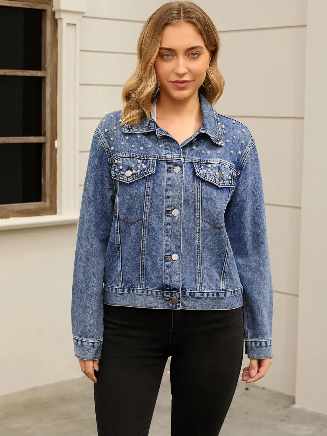 Women's Jean Jacket Trendy Spring Long Sleeve Button Up Pearl Denim Jackets