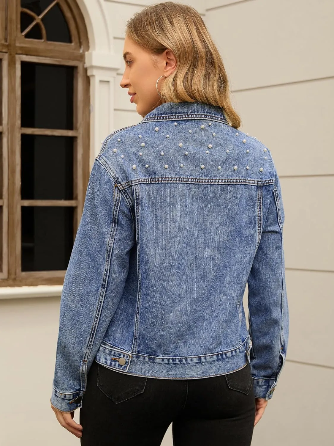 Women's Jean Jacket Trendy Spring Long Sleeve Button Up Pearl Denim Jackets