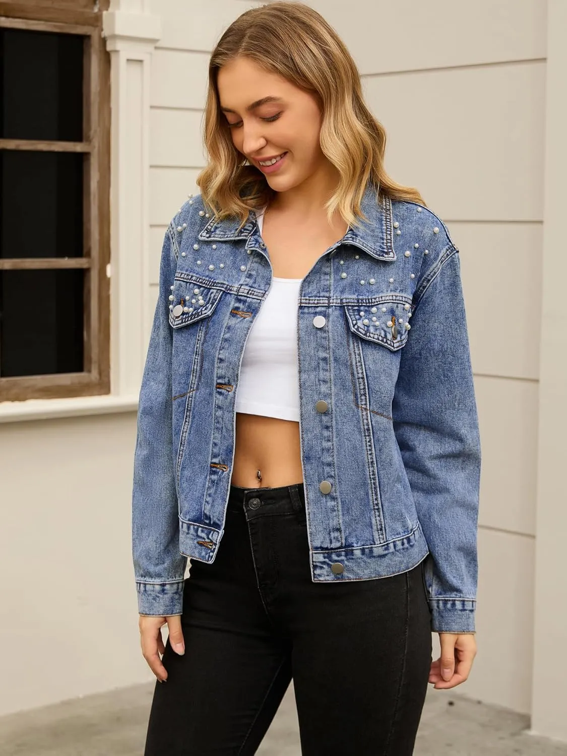 Women's Jean Jacket Trendy Spring Long Sleeve Button Up Pearl Denim Jackets