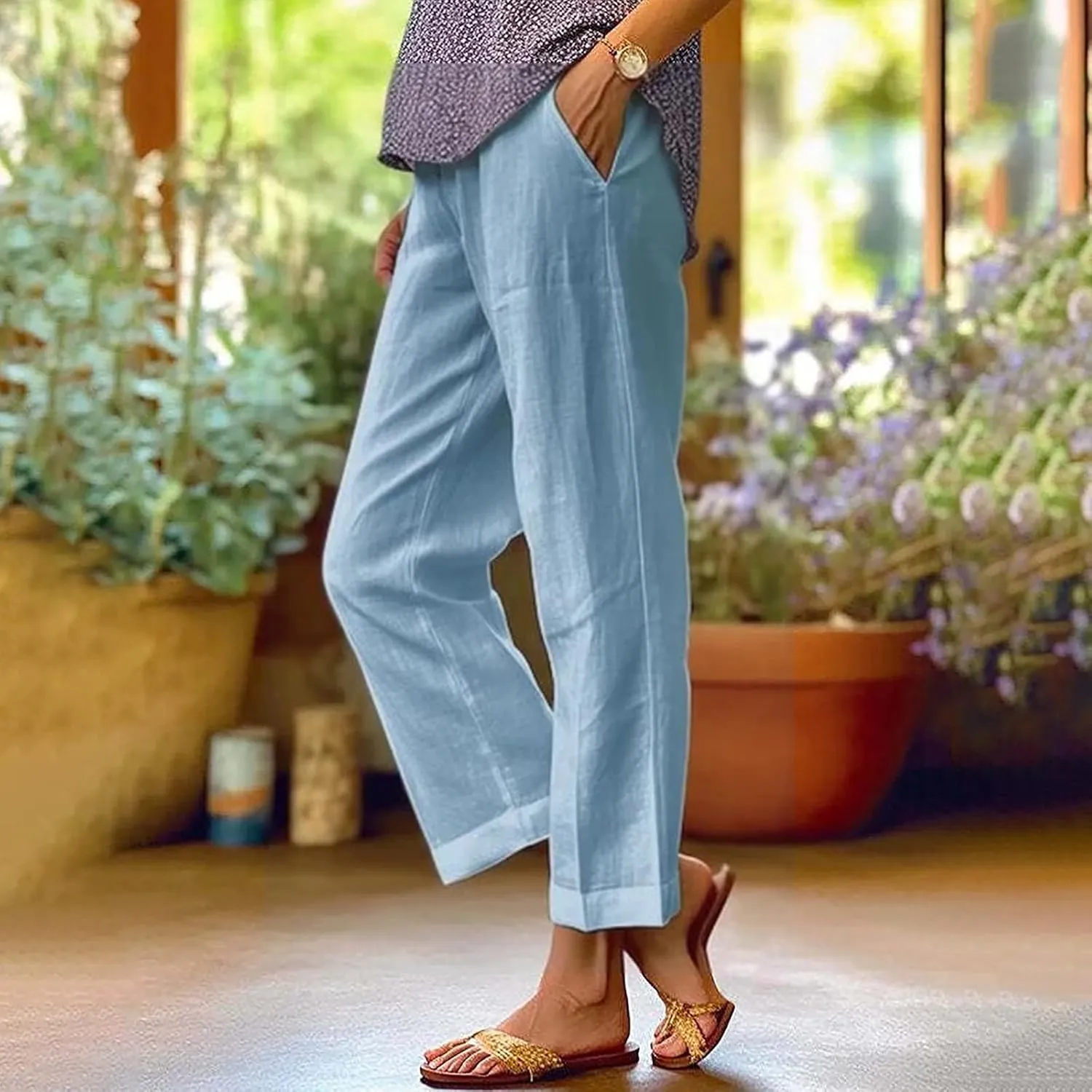 Women's Knee Length Capri Pants 2025 Summer Cotton Linen Straight Split Leg Loose Beach Shorts Trouser with Pocket