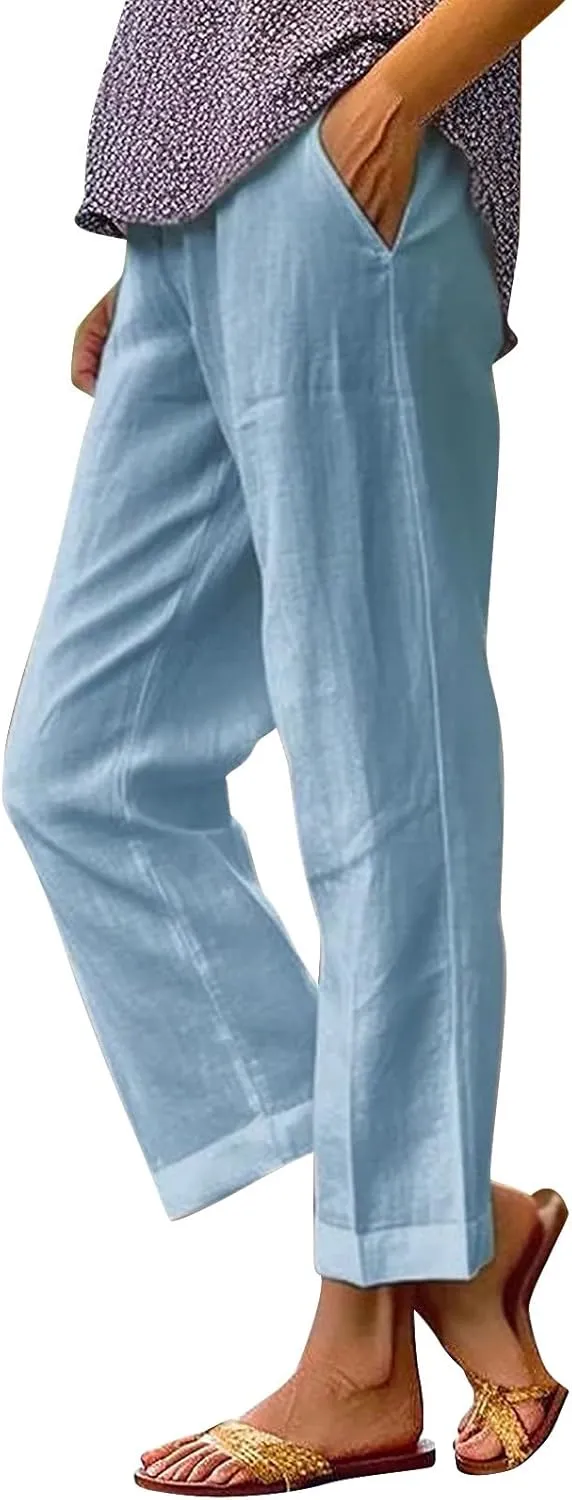 Women's Knee Length Capri Pants 2025 Summer Cotton Linen Straight Split Leg Loose Beach Shorts Trouser with Pocket