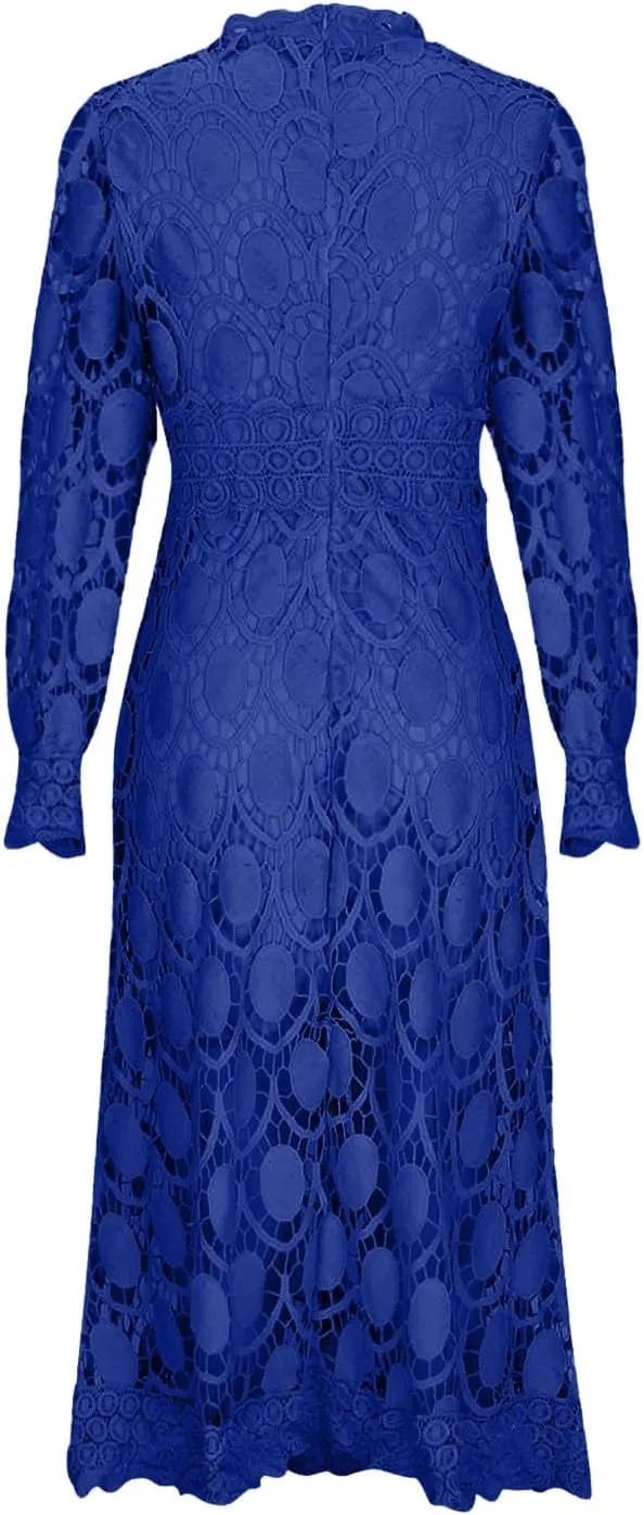 Womens Lace Crochet Vintage Maxi Dres Hollow Lantern Sleeve High Neck Wedding Guest Dress Elegant Empire Waist Dress