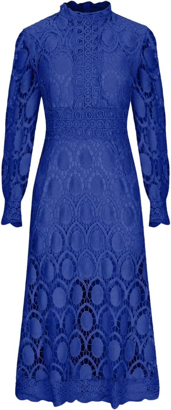 Womens Lace Crochet Vintage Maxi Dres Hollow Lantern Sleeve High Neck Wedding Guest Dress Elegant Empire Waist Dress