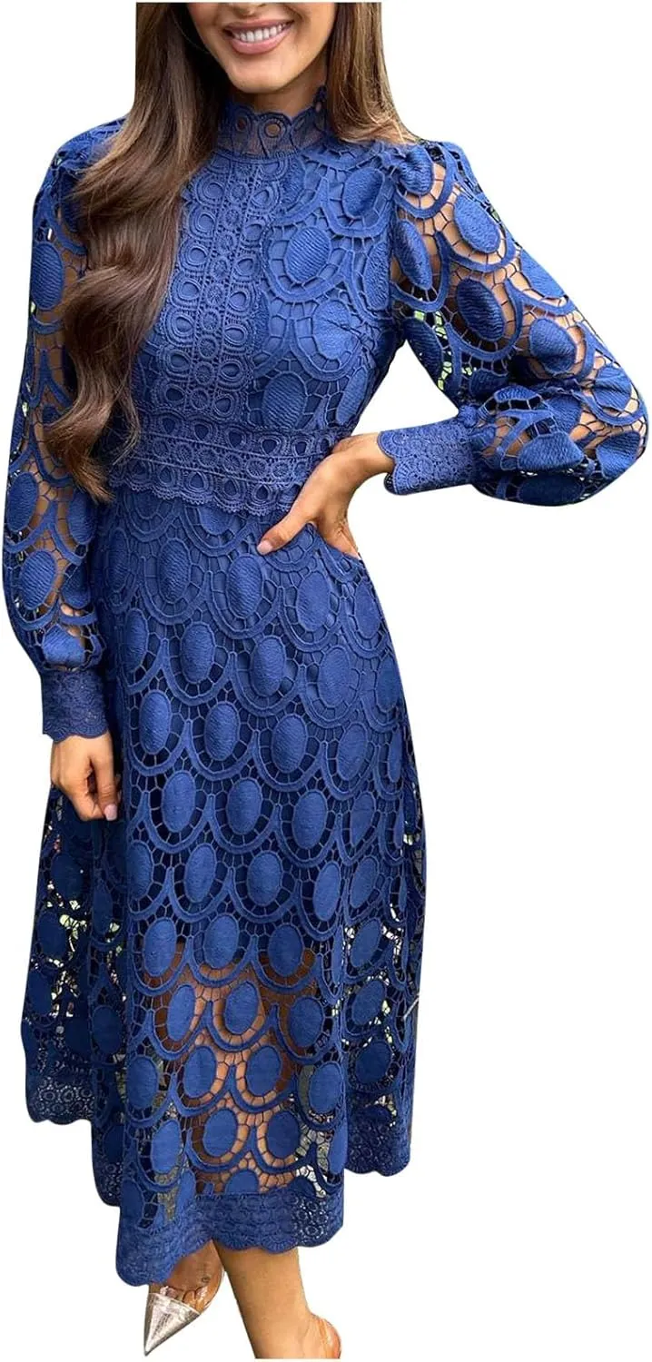 Womens Lace Crochet Vintage Maxi Dres Hollow Lantern Sleeve High Neck Wedding Guest Dress Elegant Empire Waist Dress