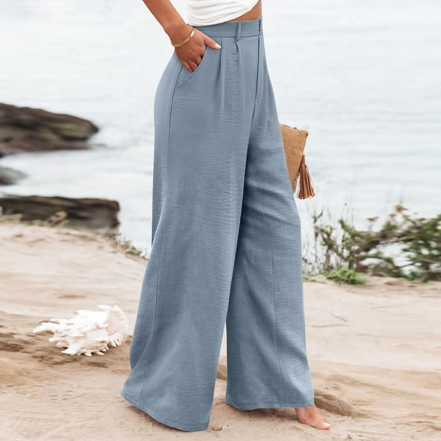 Women's Linen Pants Fashion Straight Leg High Waisted Dress Trousers Loose Casual Wide Leg Solid Color Vacation Pants