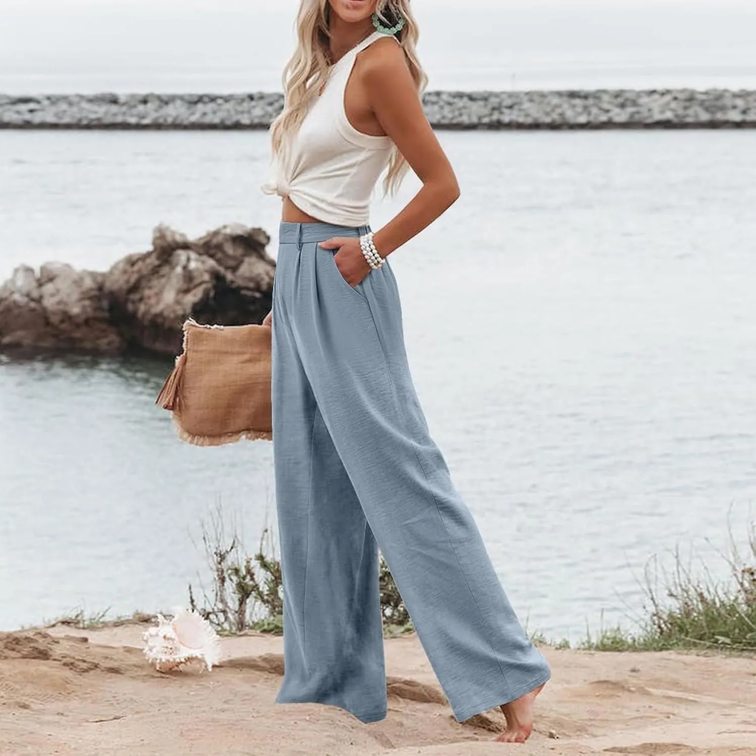 Women's Linen Pants Fashion Straight Leg High Waisted Dress Trousers Loose Casual Wide Leg Solid Color Vacation Pants