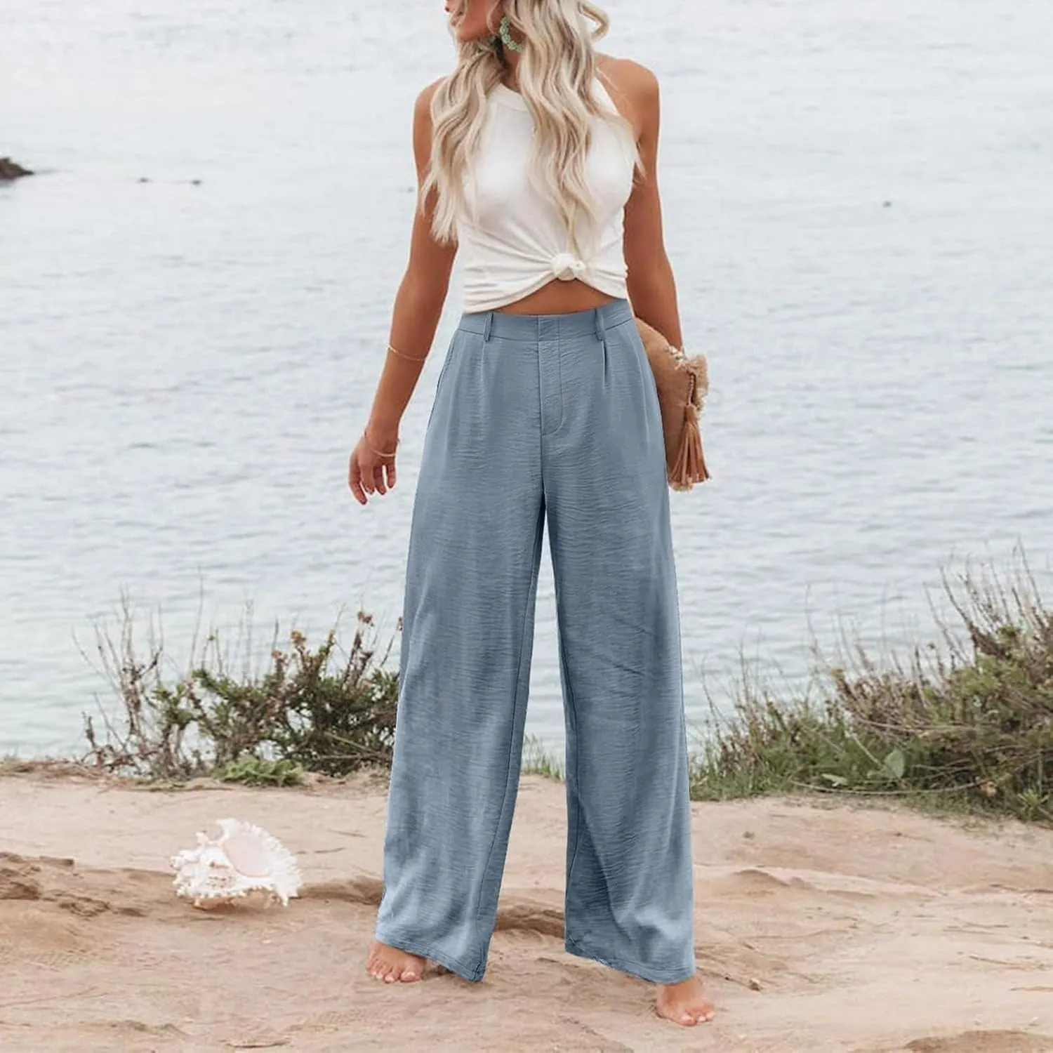 Women's Linen Pants Fashion Straight Leg High Waisted Dress Trousers Loose Casual Wide Leg Solid Color Vacation Pants