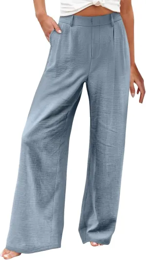 Women's Linen Pants Fashion Straight Leg High Waisted Dress Trousers Loose Casual Wide Leg Solid Color Vacation Pants