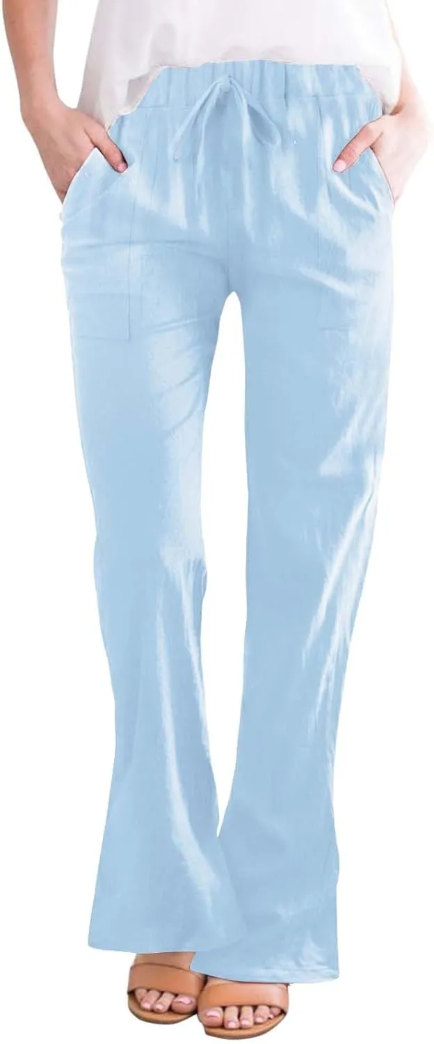 Womens Linen Pants for Summer and Linen Pocket Waist Slim Bell Bottom Trousers Linen Slacks for Women