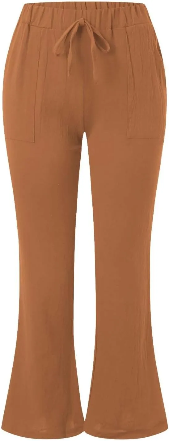 Womens Linen Pants for Summer and Linen Pocket Waist Slim Bell Bottom Trousers Linen Slacks for Women