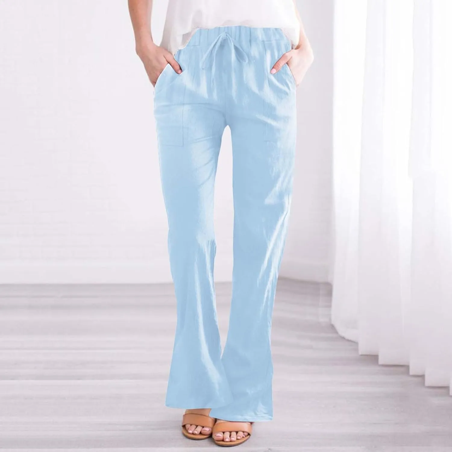 Womens Linen Pants for Summer and Linen Pocket Waist Slim Bell Bottom Trousers Linen Slacks for Women